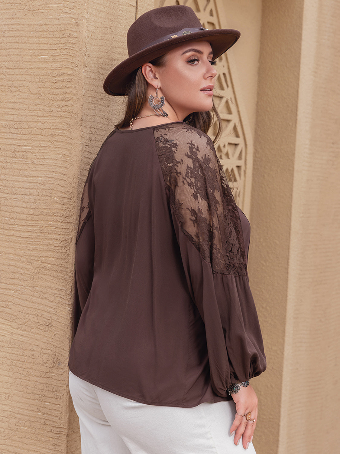 Willow Lace Detail Long Sleeve Blouse - Brown
