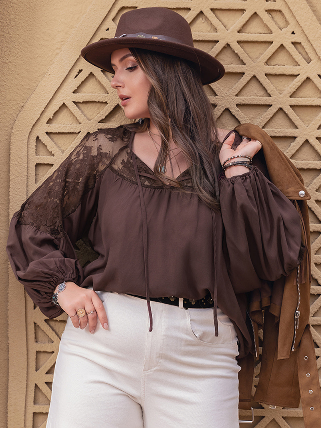 Willow Lace Detail Long Sleeve Blouse - Brown