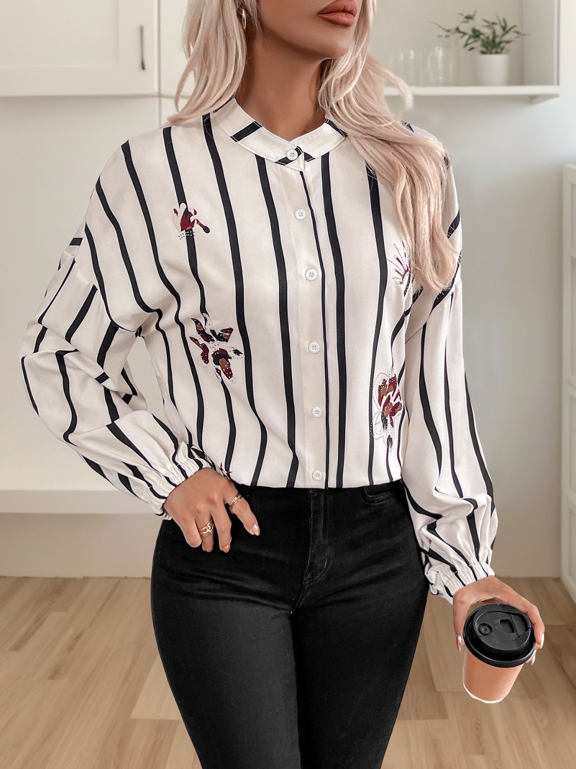 Bisou Striped Collared Long Sleeve Blouse