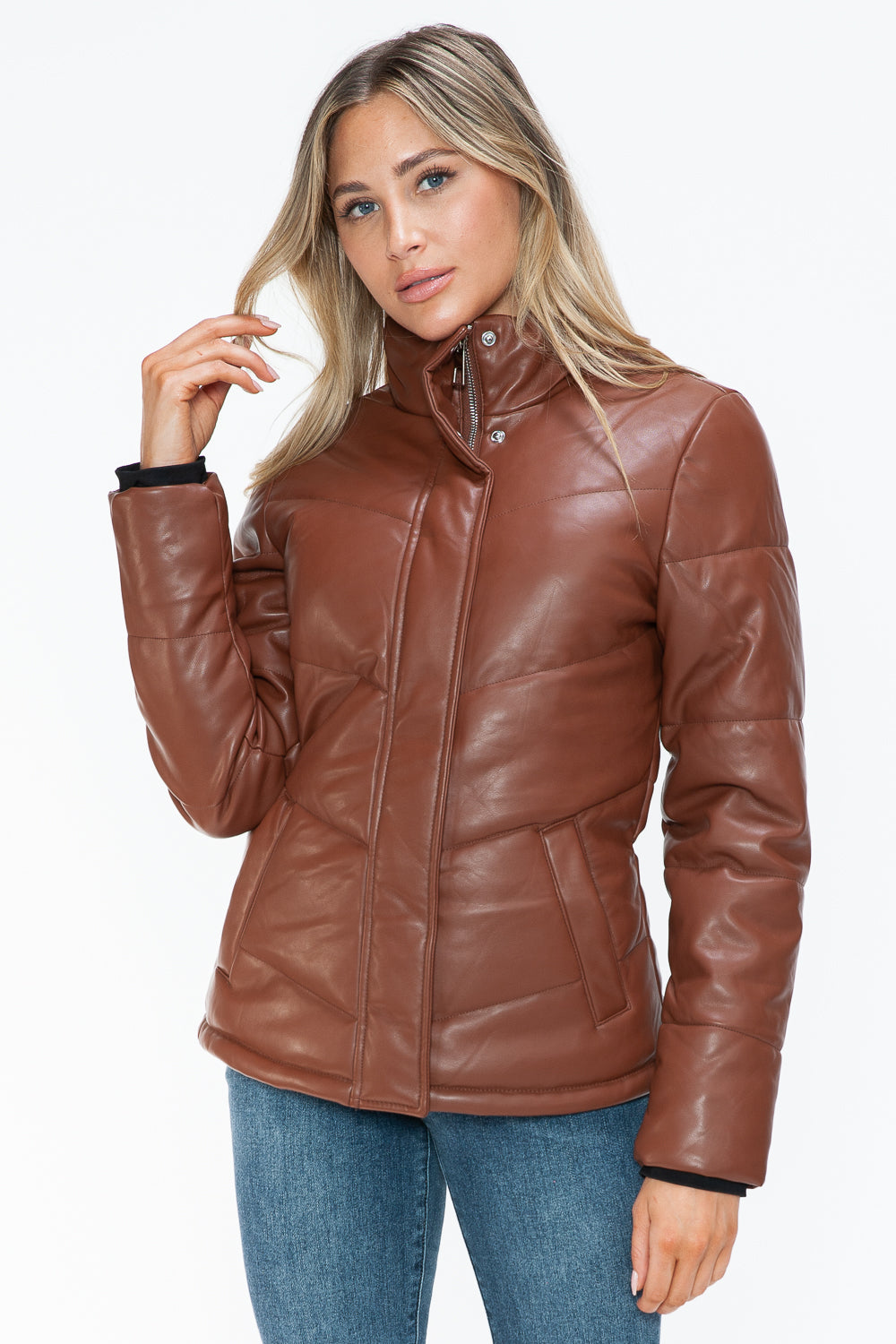 Aspen Pocketed Zip Up Turtleneck Puffer Coat - Brandy