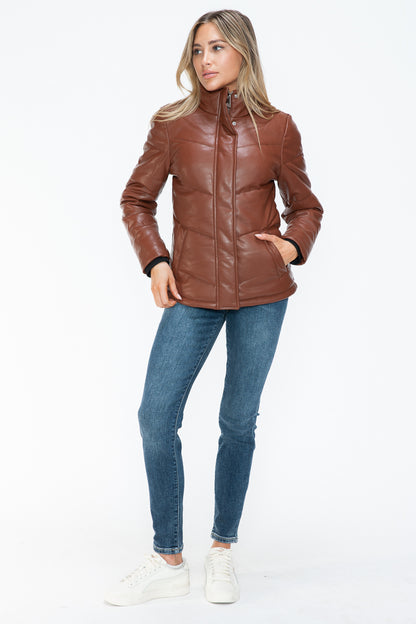 Aspen Pocketed Zip Up Turtleneck Puffer Coat - Brandy