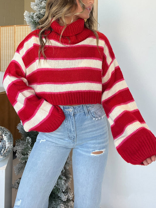 Merriest Striped Turtleneck Cropped Sweater