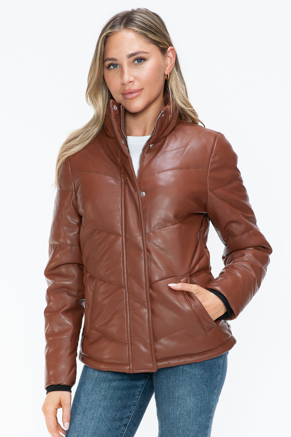 Aspen Pocketed Zip Up Turtleneck Puffer Coat - Brandy