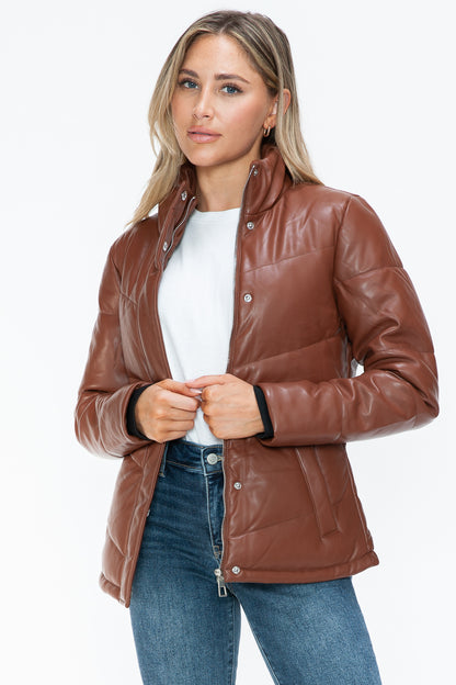 Aspen Pocketed Zip Up Turtleneck Puffer Coat - Brandy