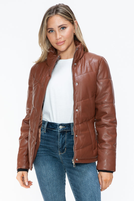 Aspen Pocketed Zip Up Turtleneck Puffer Coat - Brandy