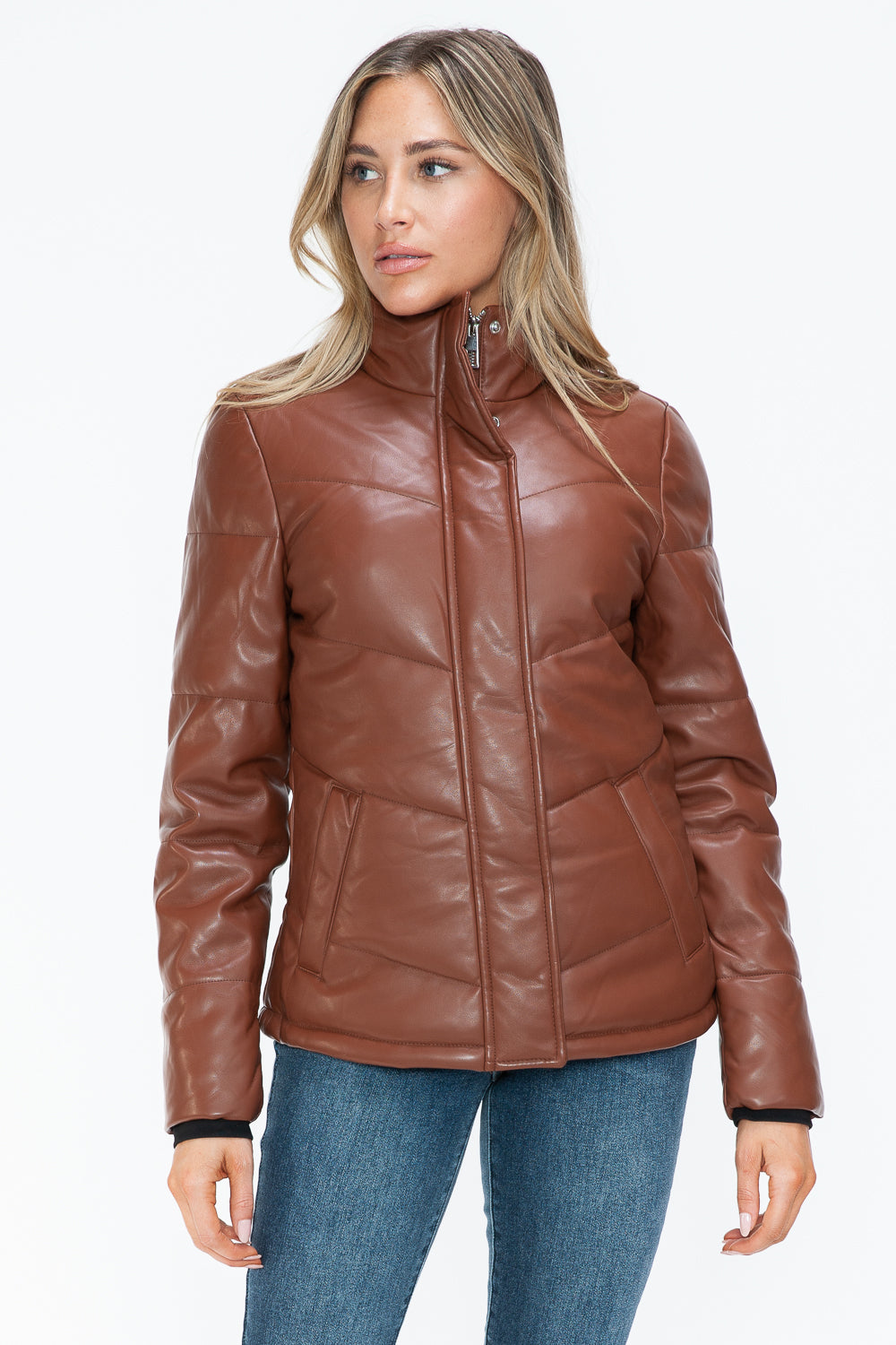 Aspen Pocketed Zip Up Turtleneck Puffer Coat - Brandy