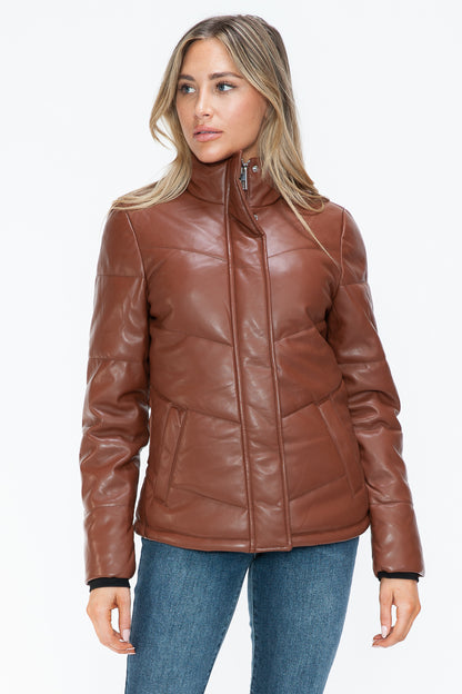 Aspen Pocketed Zip Up Turtleneck Puffer Coat - Brandy