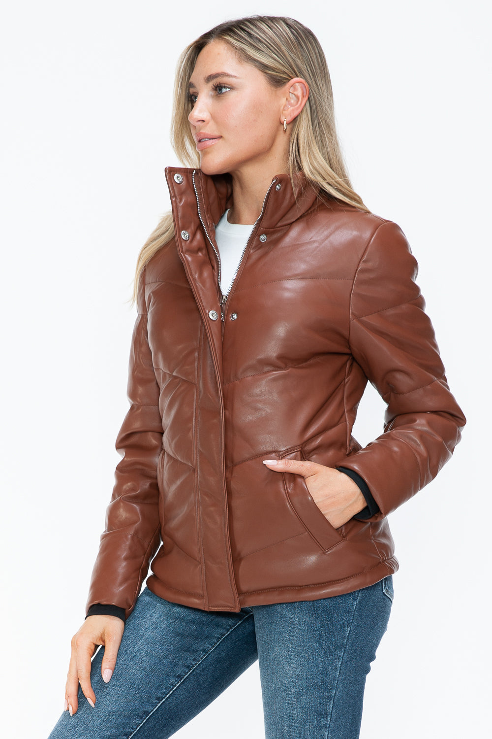 Aspen Pocketed Zip Up Turtleneck Puffer Coat - Brandy