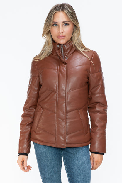 Aspen Pocketed Zip Up Turtleneck Puffer Coat - Brandy