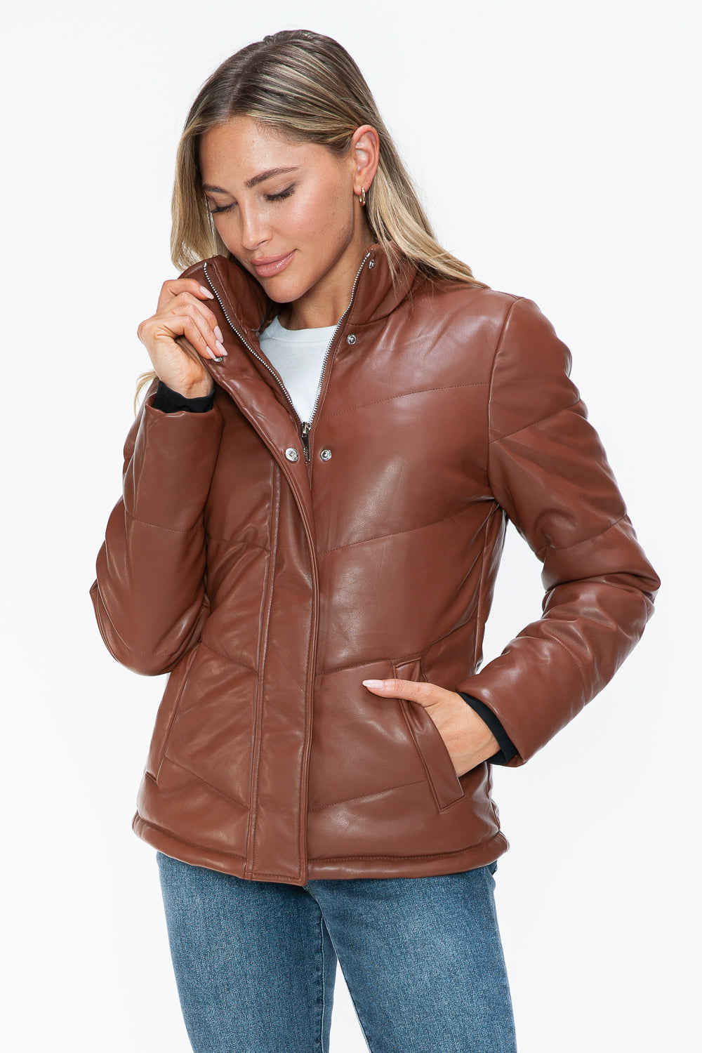 Aspen Pocketed Zip Up Turtleneck Puffer Coat - Brandy