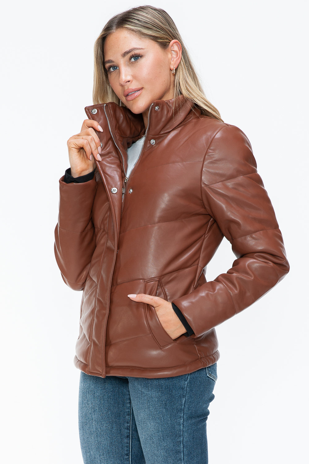 Aspen Pocketed Zip Up Turtleneck Puffer Coat - Brandy