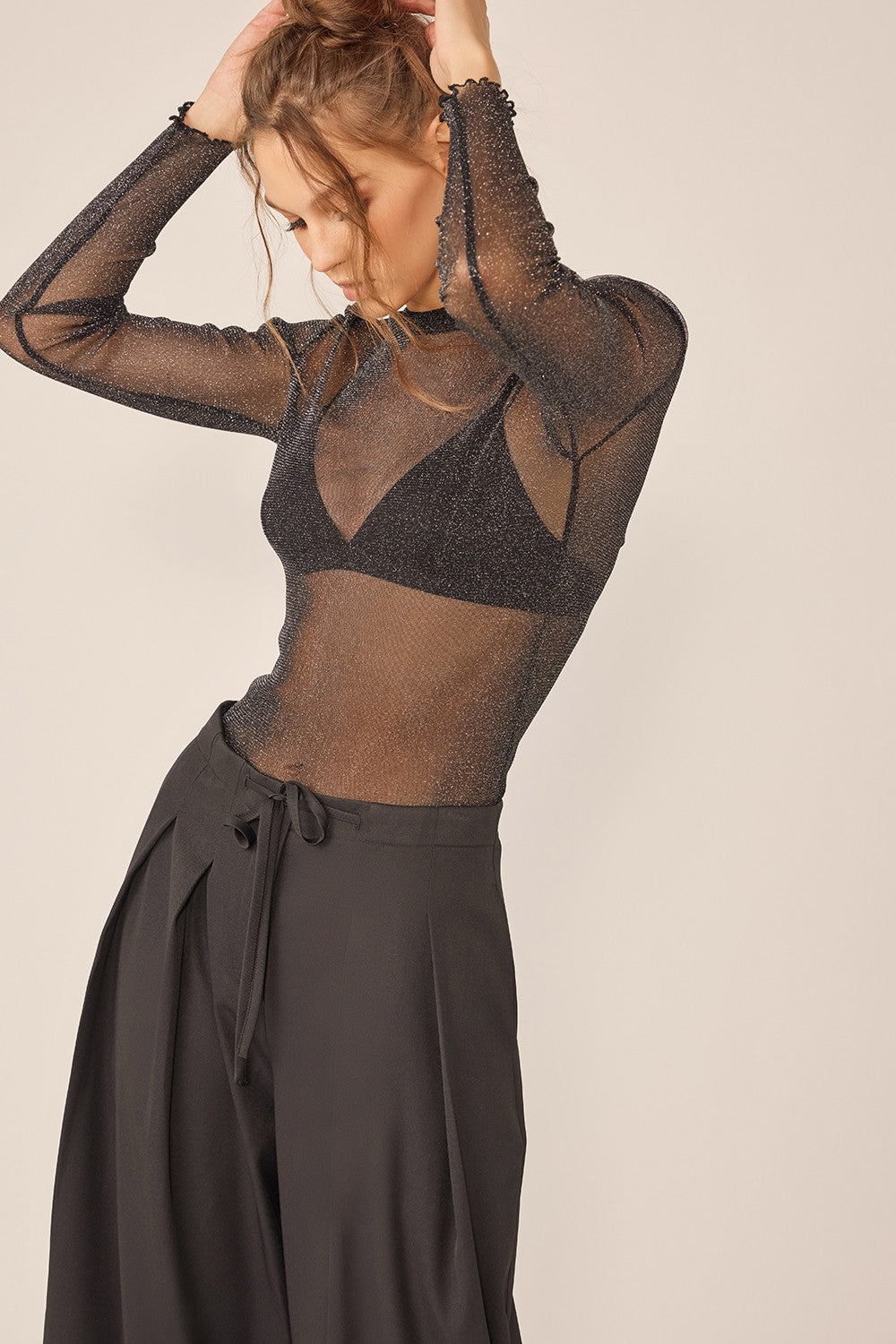 Biloxi Glitter Sparkling Sheer Long Sleeve Top - Black