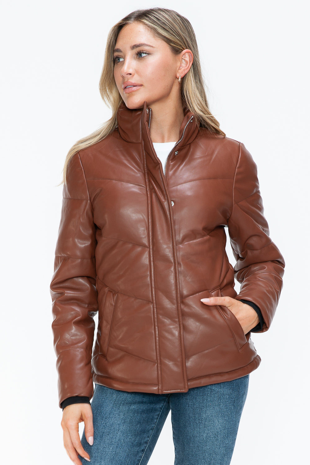 Aspen Pocketed Zip Up Turtleneck Puffer Coat - Brandy