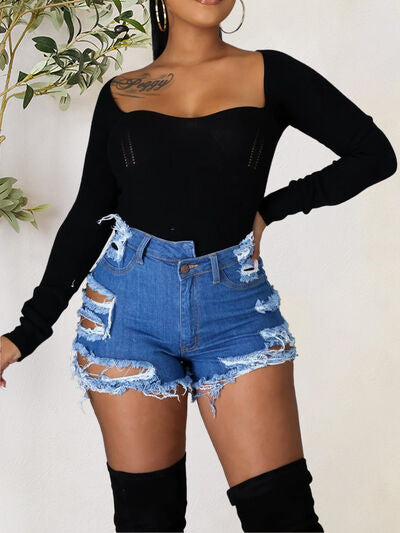 Outside Distressed Raw Hem Denim Shorts