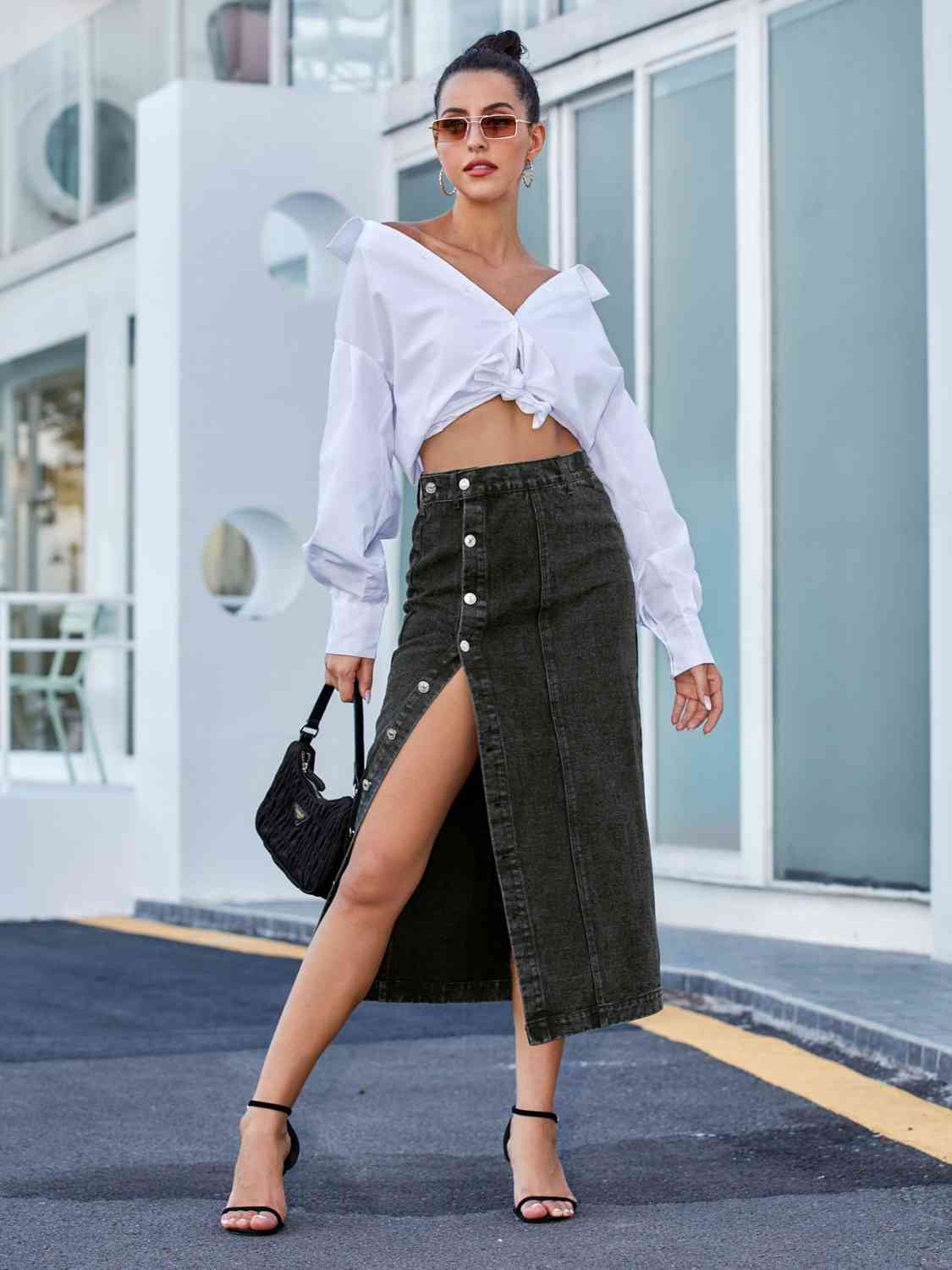 Regality Button Down Denim Skirt