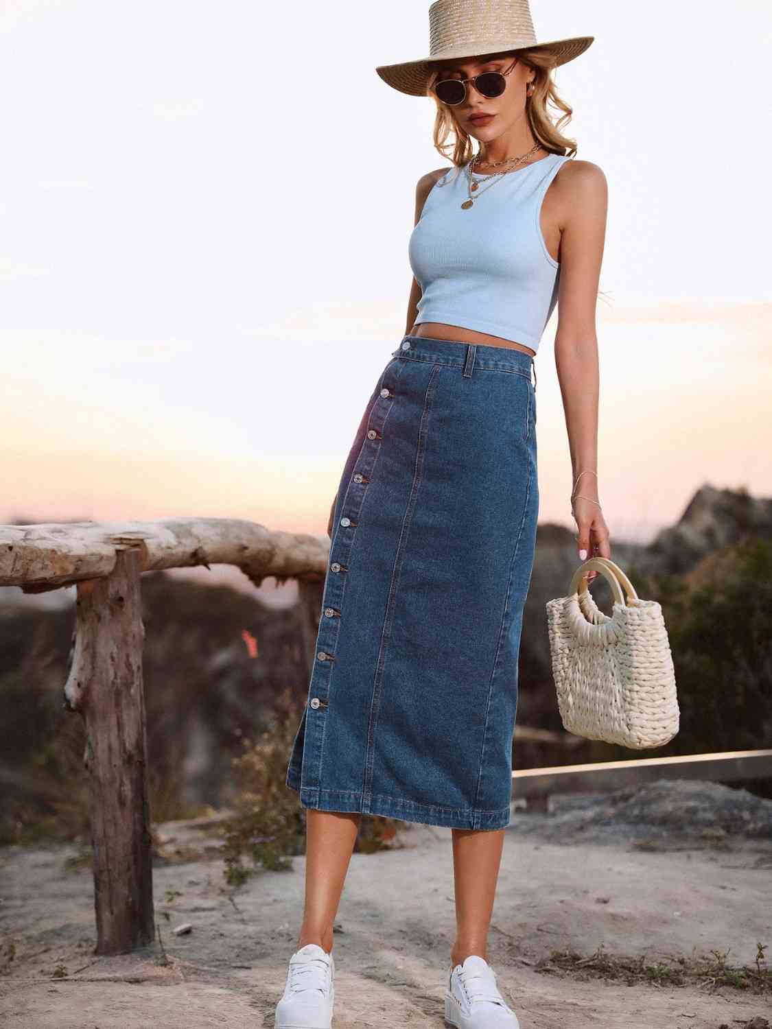 Regality Button Down Denim Skirt