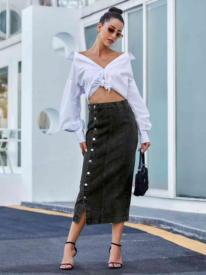 Regality Button Down Denim Skirt