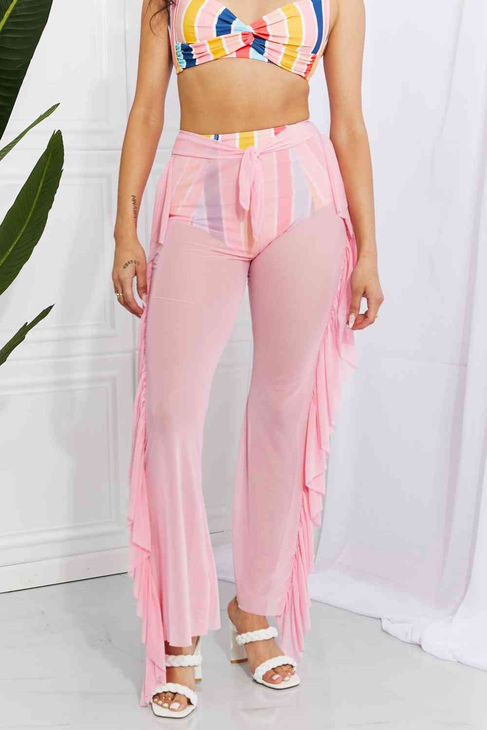 Flewed Out Mesh Ruffle Cover Up Pants - Blush Pink